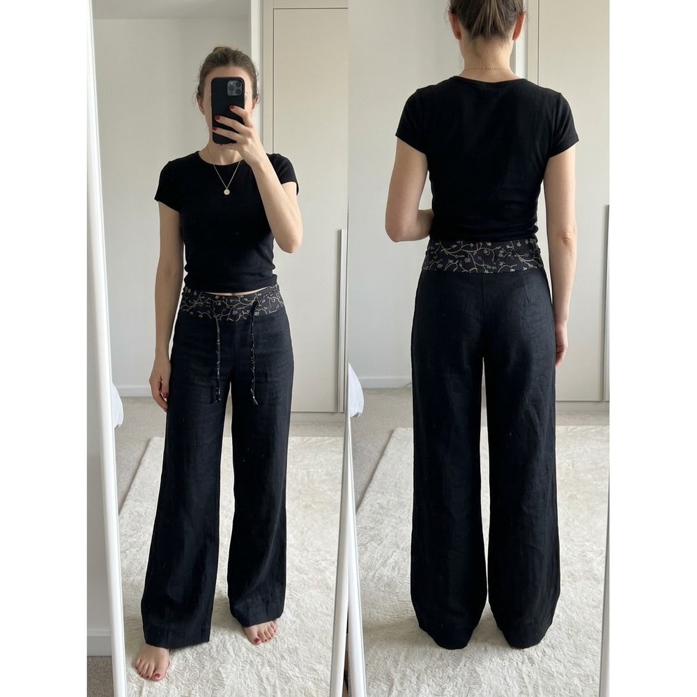 Odille Anthropologie Size 0 Linen Silk Wide Leg Pant Embroidered Waistband Black